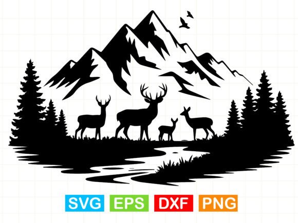 Deer Family Mountain Scene SVG